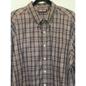 Men's Kirkland Signature Shirt, XXL, Brown plaid long sleeve button down EUC